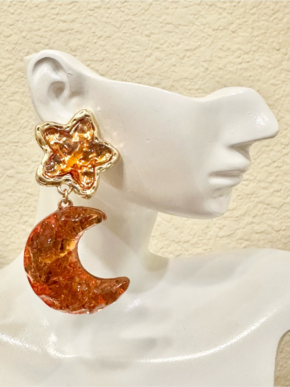Gold-Plated Amber Resin Star & Crescent Drop Earrings (Oversized & High Quality)